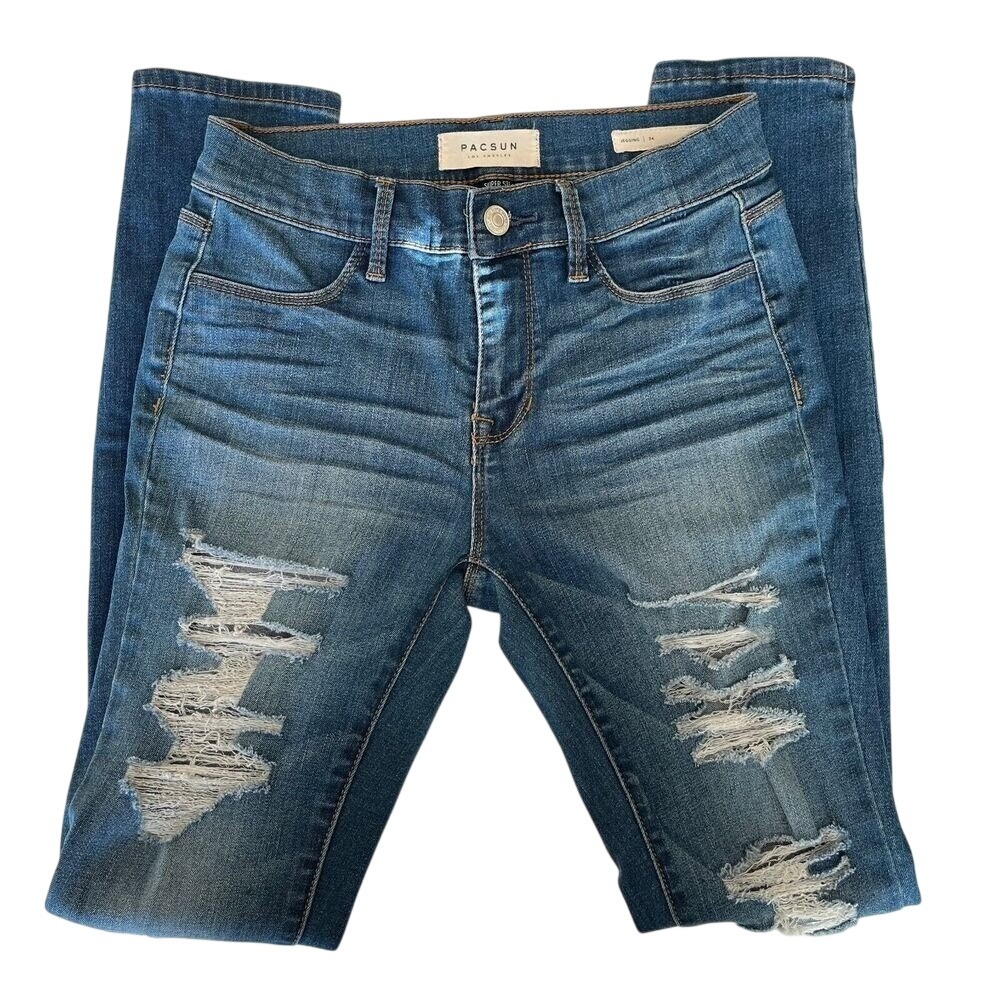Pacsun Skinny Distressed Jegging, Size 24 Stretchy Jeans, Light Blue Skinny F7